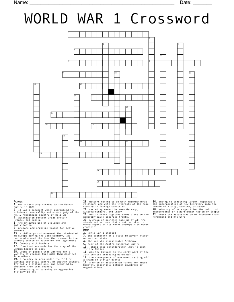 WORLD WAR 1 Crossword