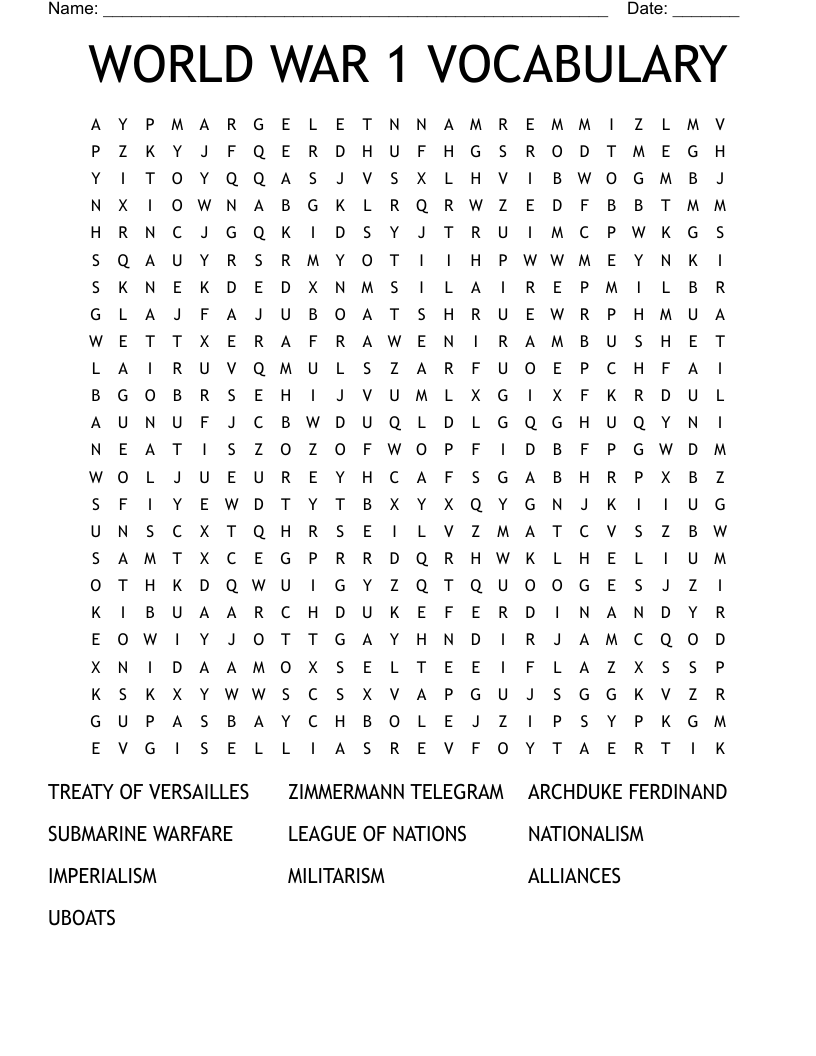 WORLD WAR 1 VOCABULARY Word Search