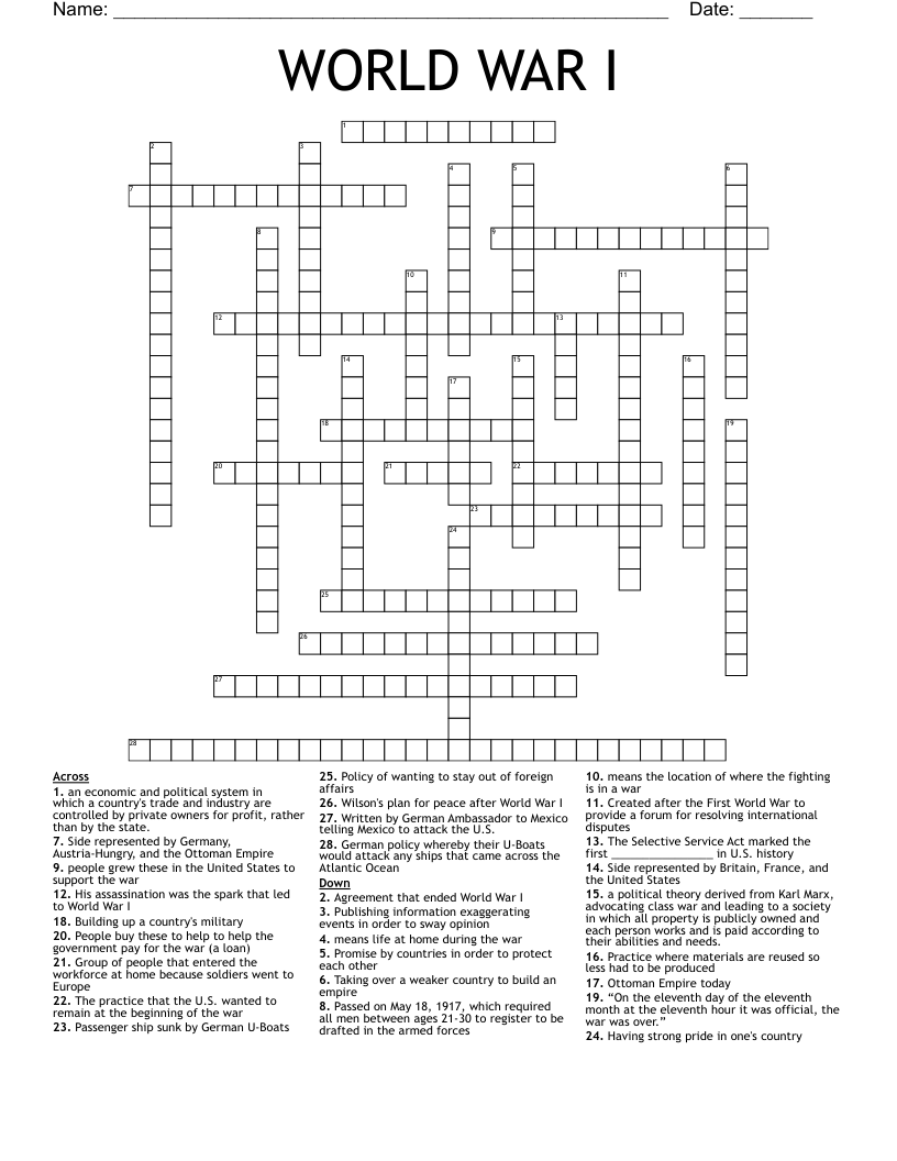 WORLD WAR I Crossword