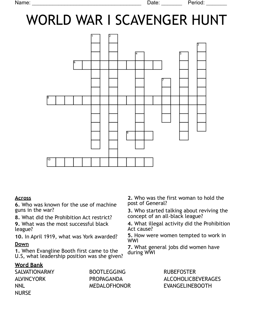WORLD WAR I SCAVENGER HUNT Crossword