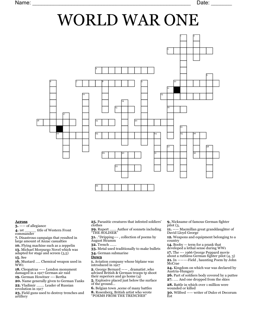 WORLD WAR ONE Crossword