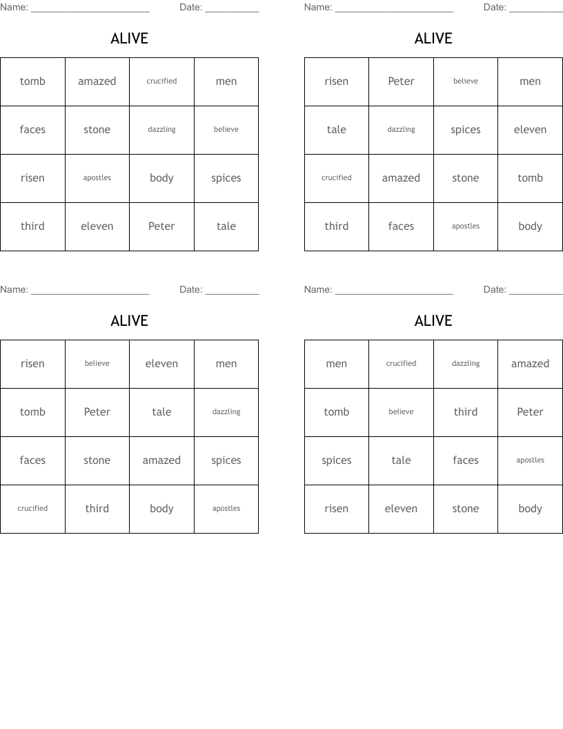 ALIVE Bingo Cards