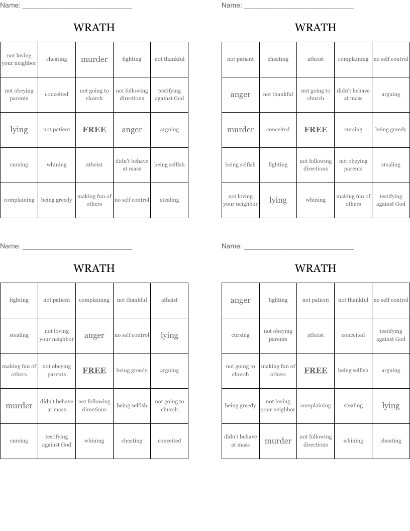 WRATH Bingo Cards