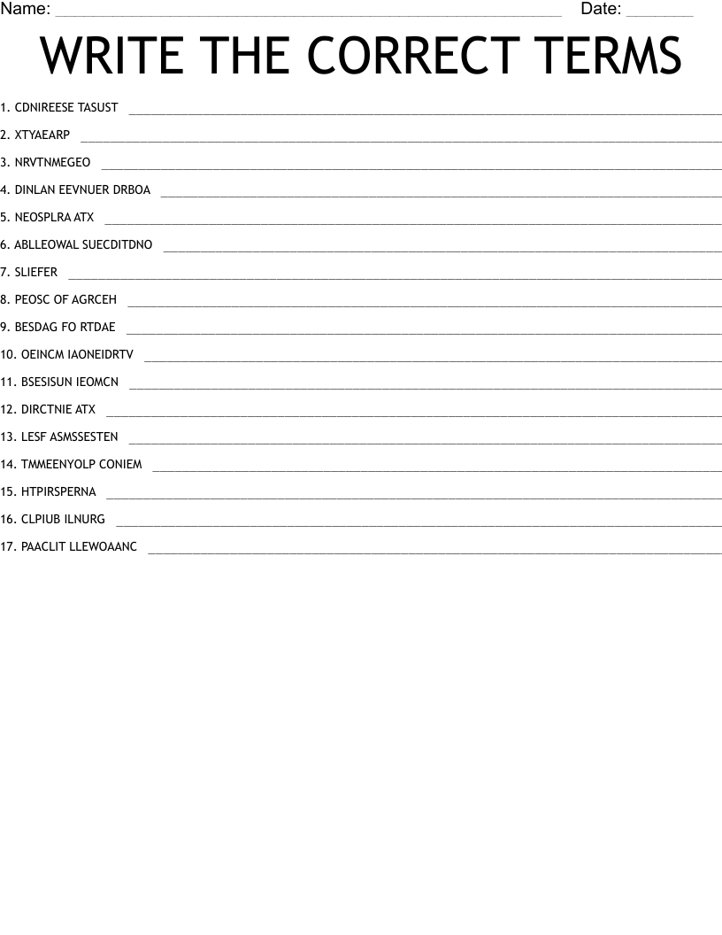 WRITE THE CORRECT TERMS Word Scramble