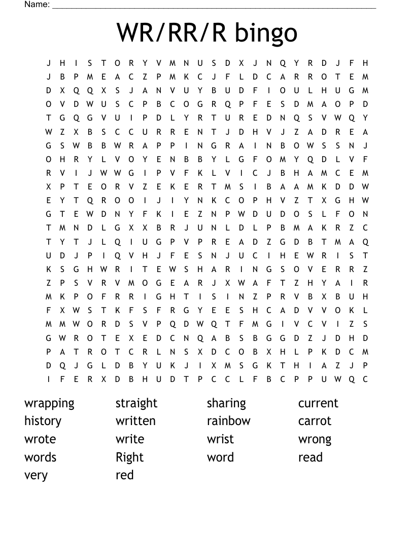 WR/RR/R bingo Word Search