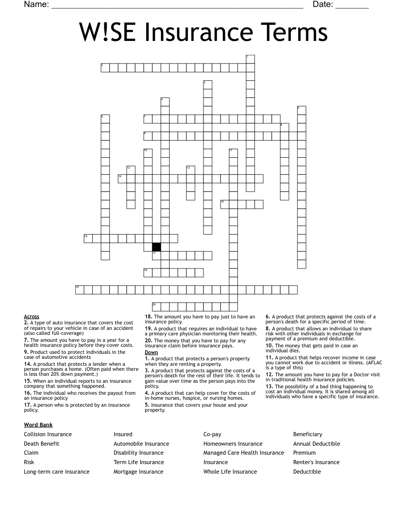 W!SE Insurance Terms Crossword