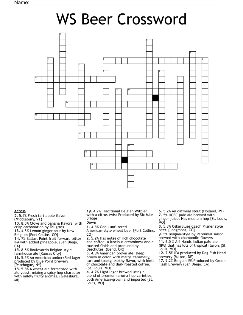WS Beer Crossword
