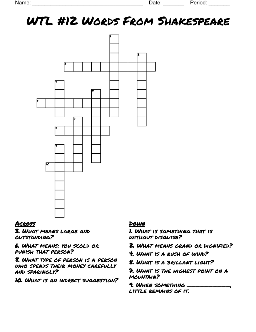 WTL #12 Words From Shakespeare Crossword