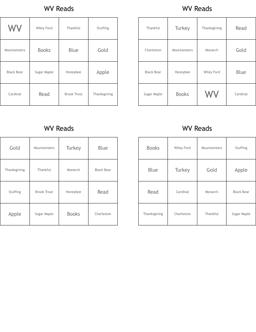WV Reads Bingo Cards