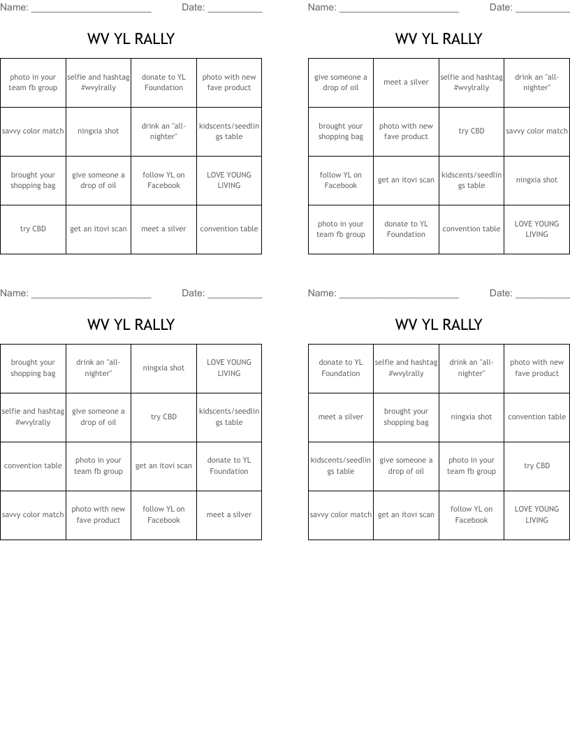 WV YL RALLY Bingo Cards