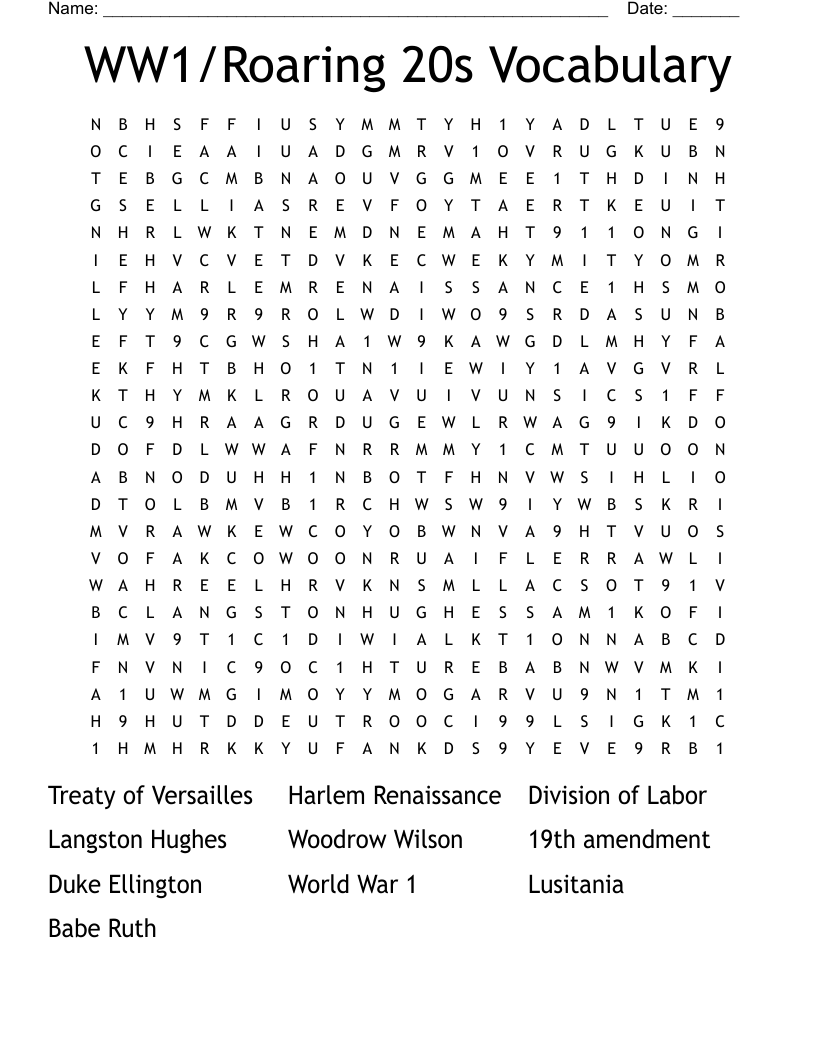 WW1/Roaring 20s Vocabulary Word Search