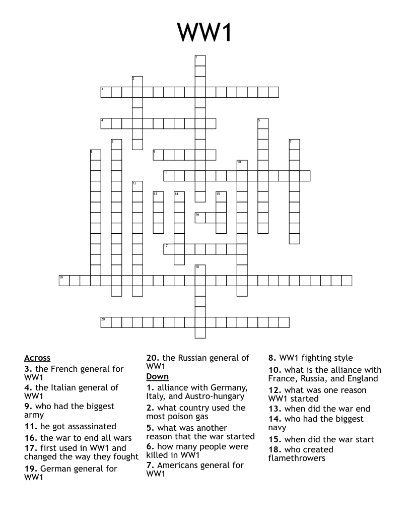 WW1 Crossword