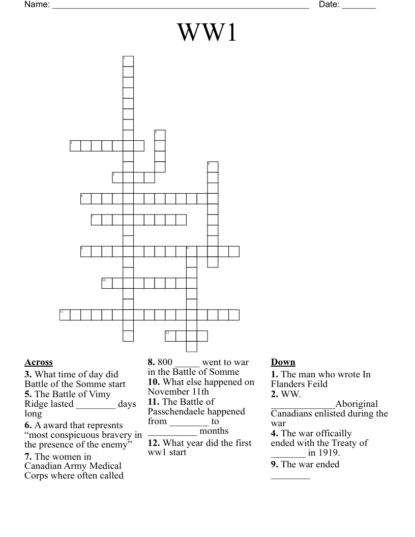 WW1 Crossword