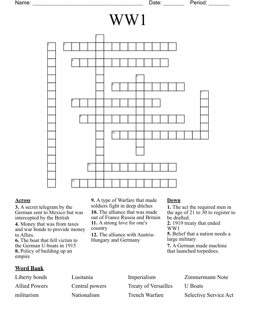 WW1 Crossword