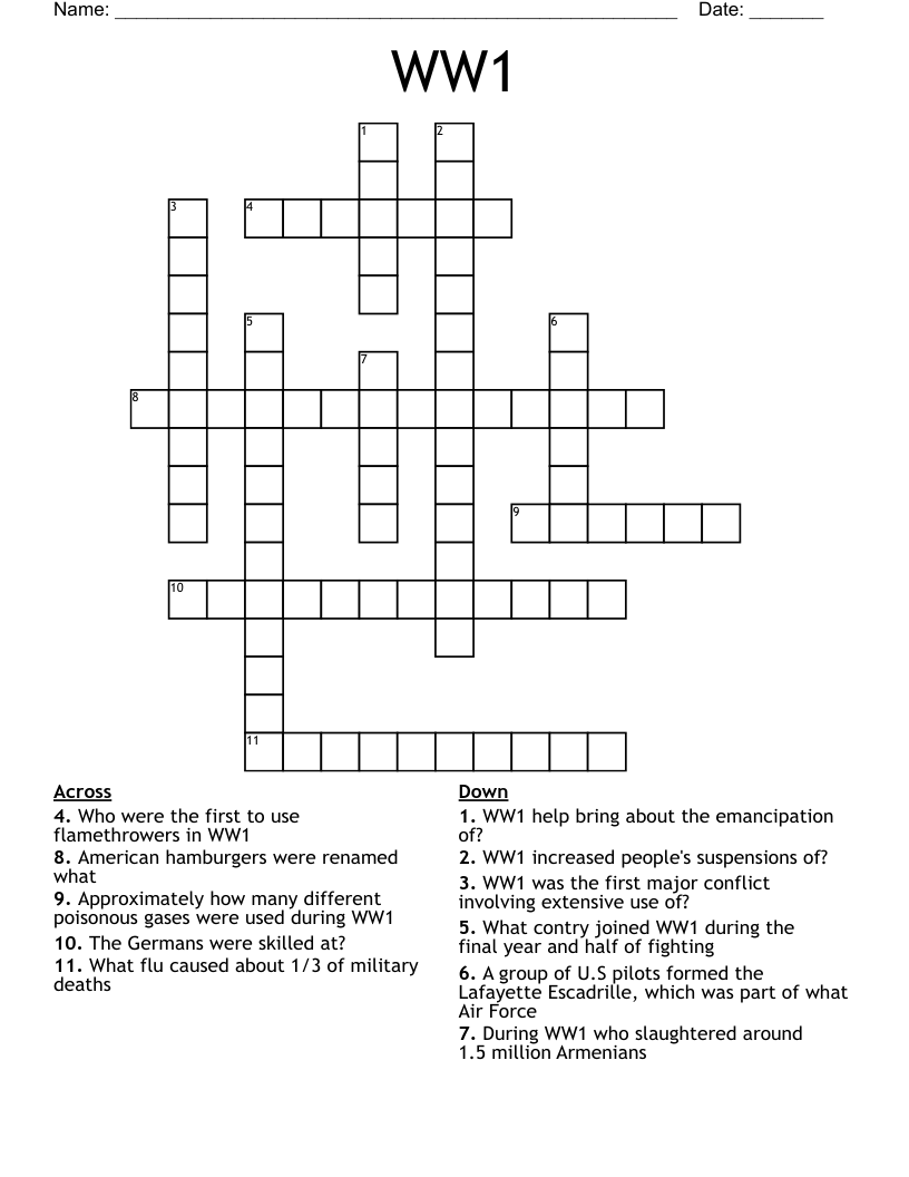WW1 Crossword