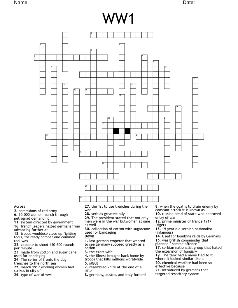 WW1 Crossword