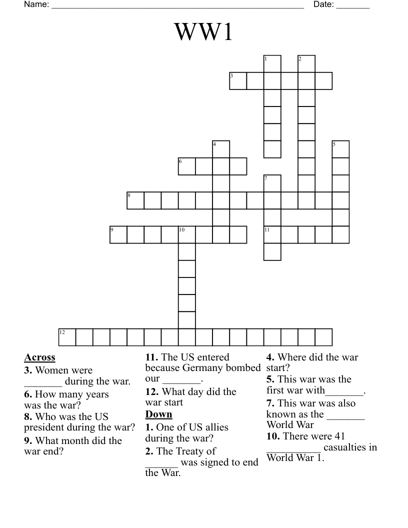 WW1 Crossword