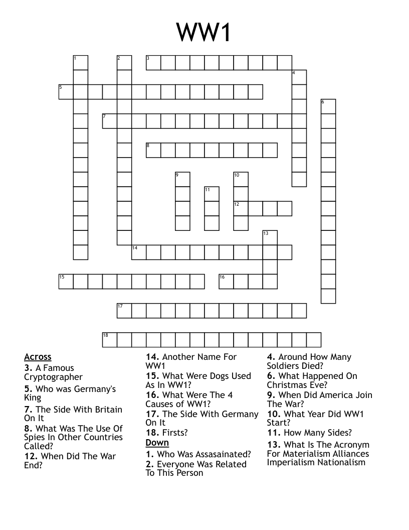 WW1 Crossword