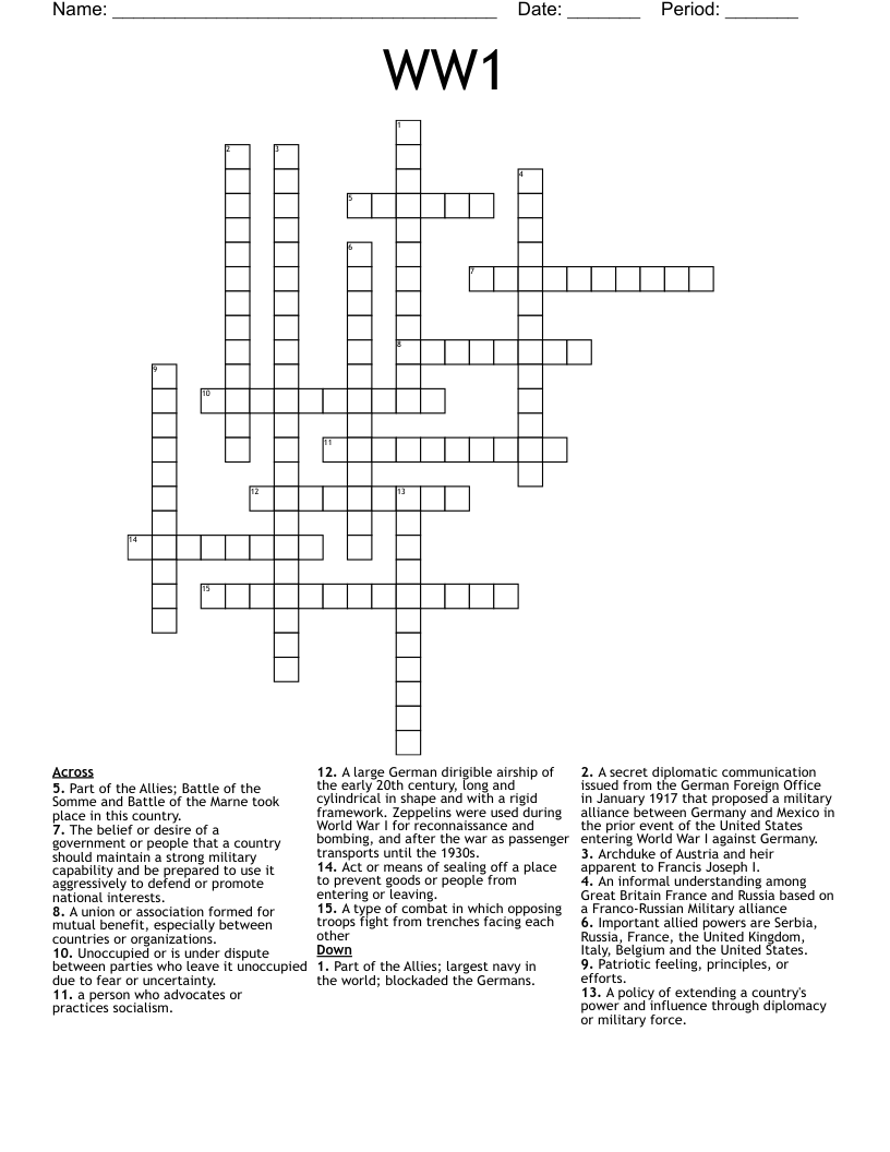 WW1 Crossword