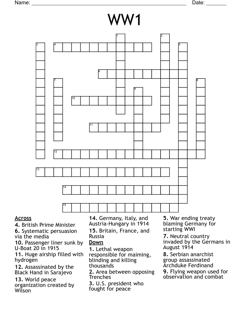 WW1 Crossword