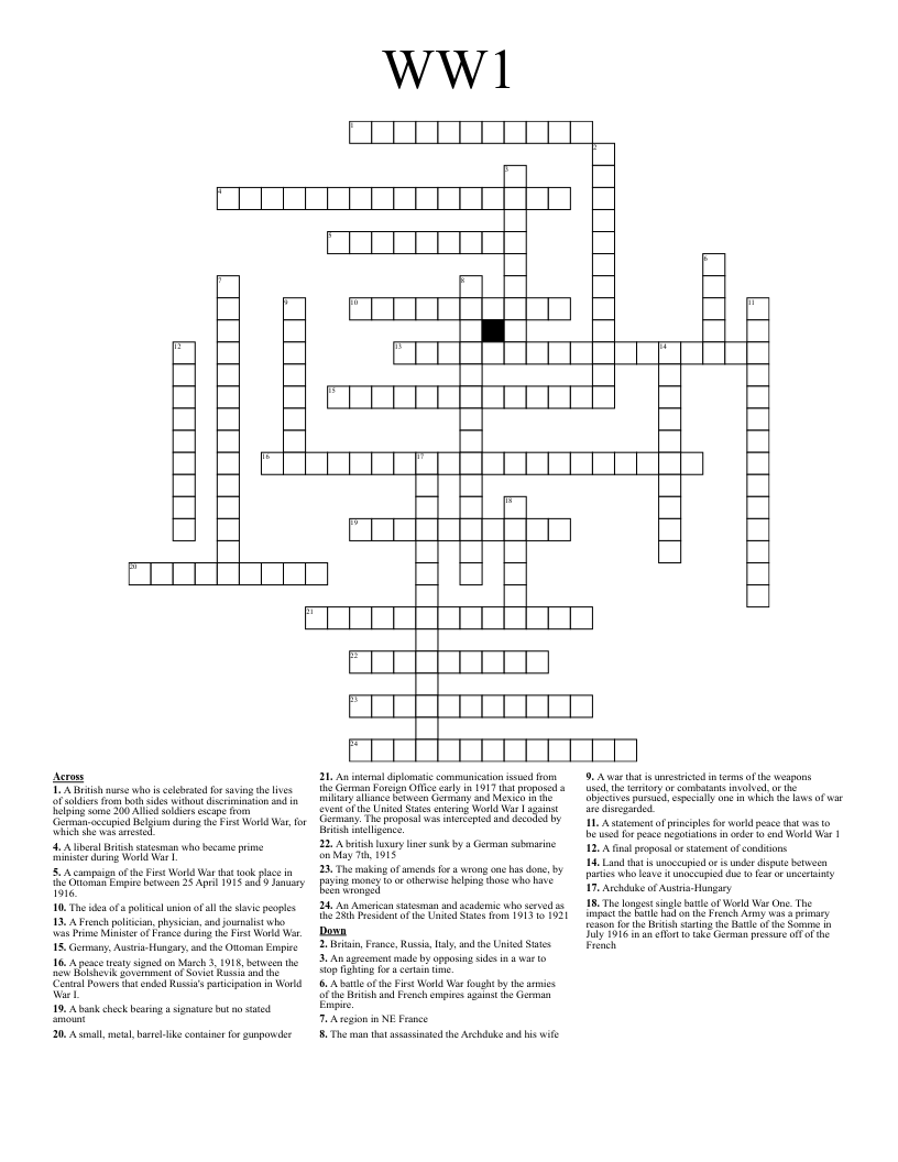 WW1 Crossword