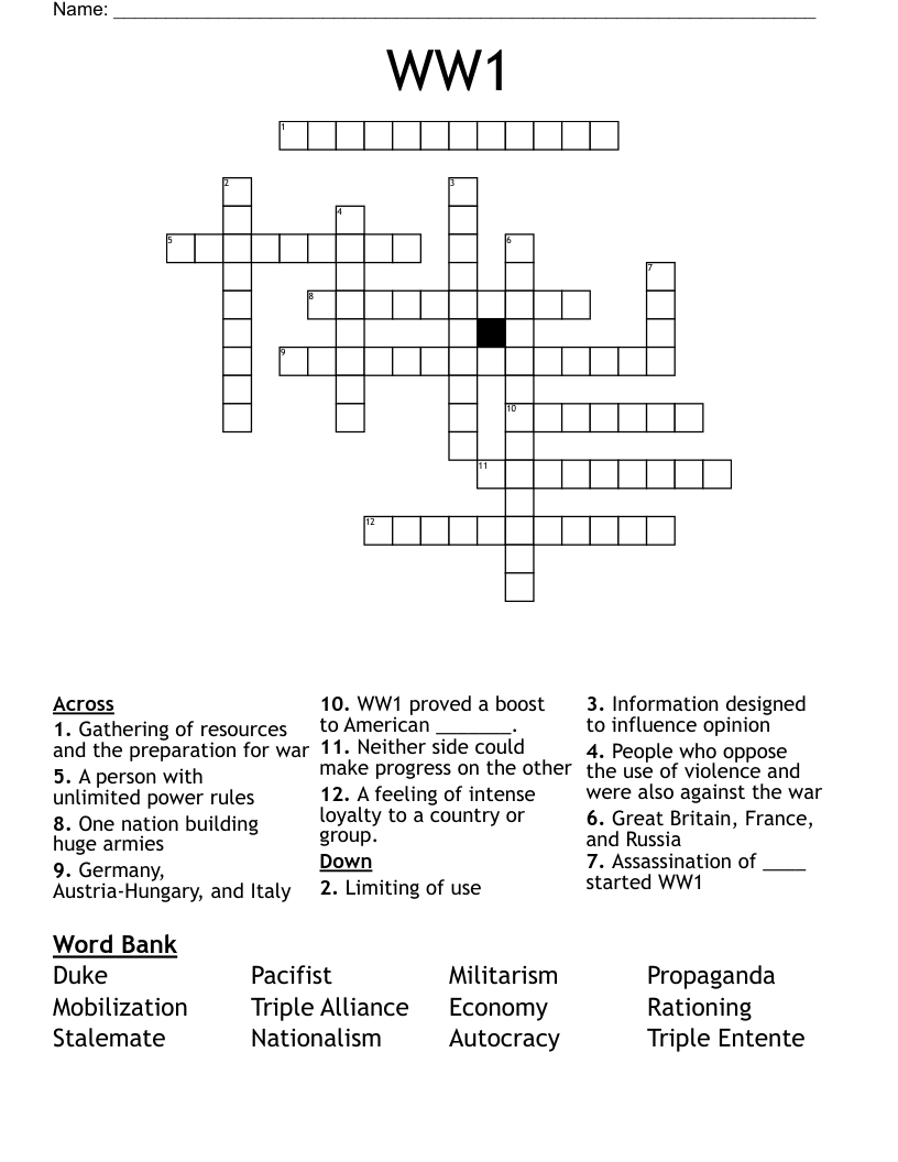 WW1 Crossword