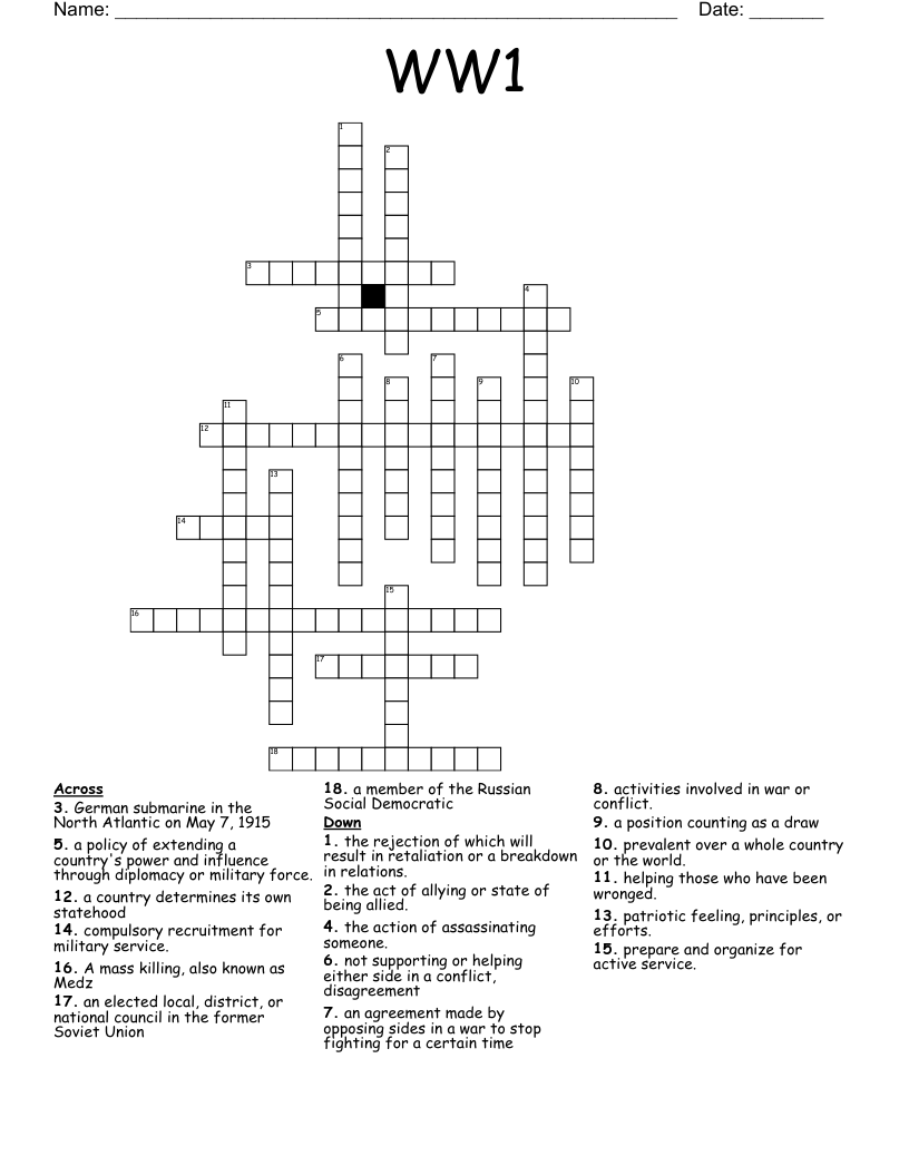 WW1 Crossword