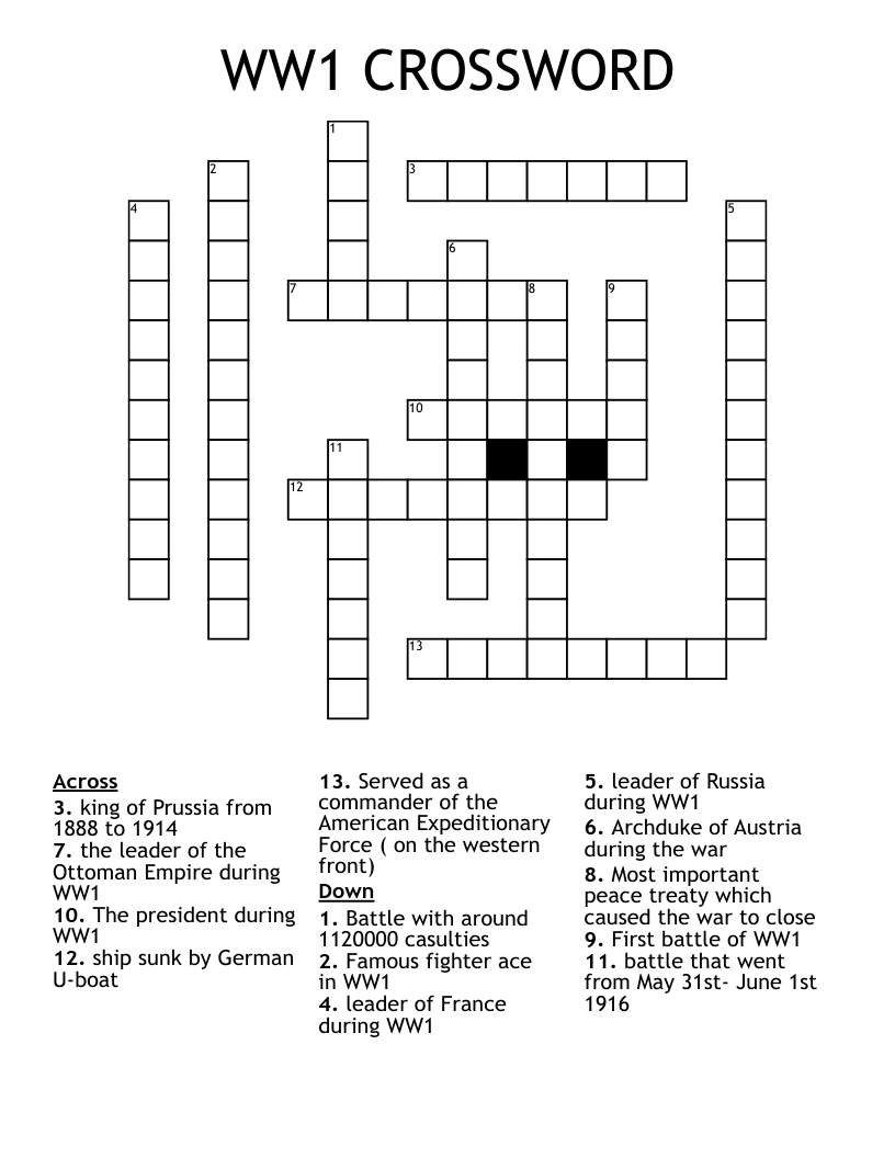 WW1 CROSSWORD