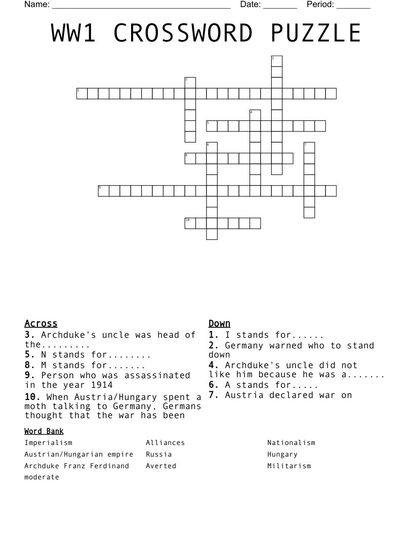 WW1 CROSSWORD PUZZLE