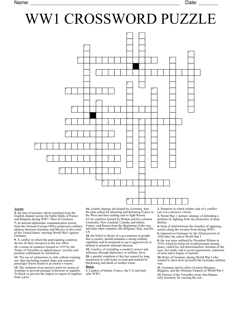WW1 CROSSWORD PUZZLE
