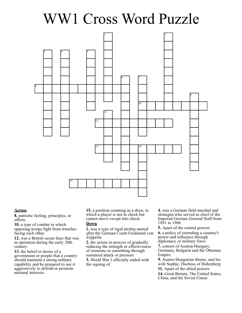 WW1 Cross Word Puzzle