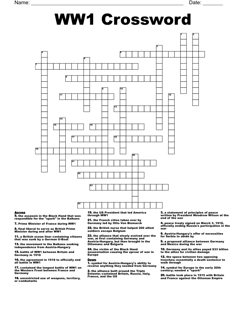 WW1 Crossword
