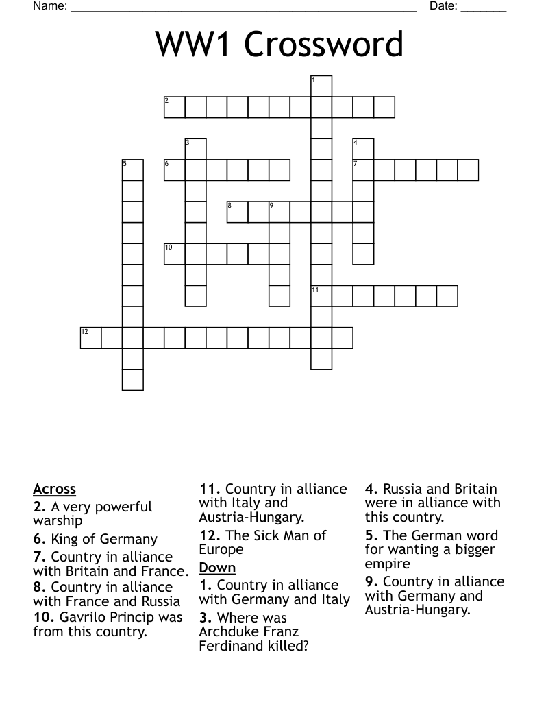 WW1 Crossword