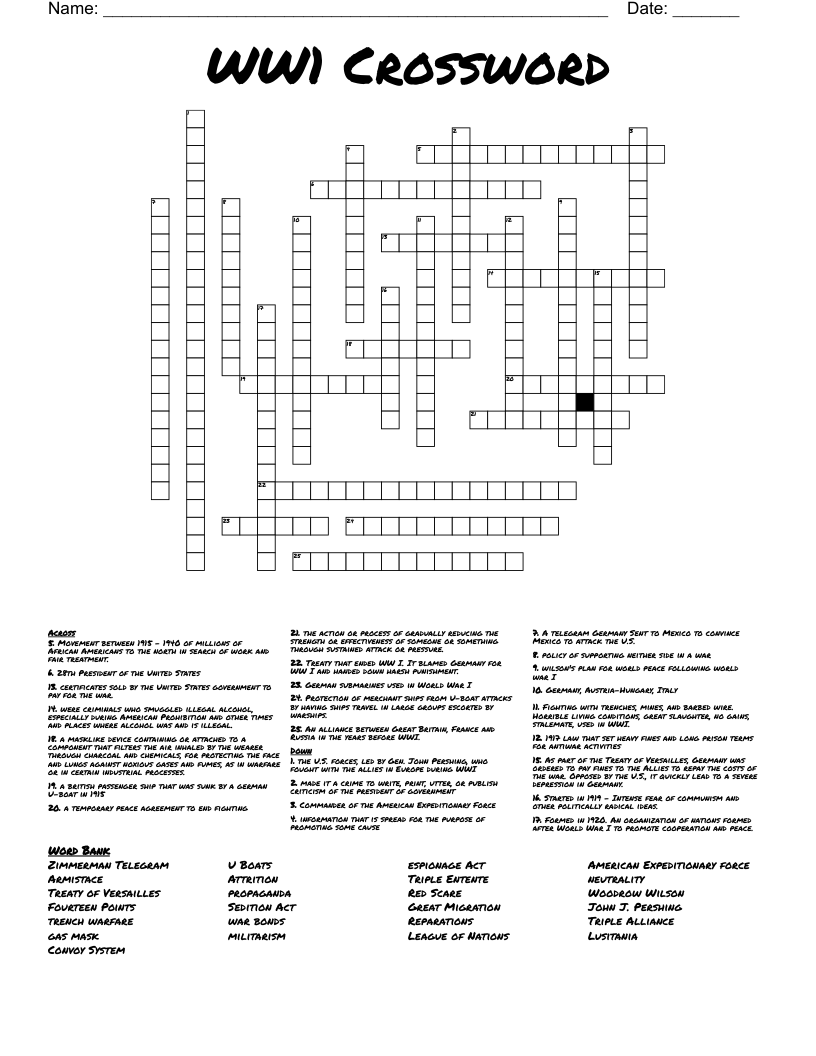 WW1 Crossword