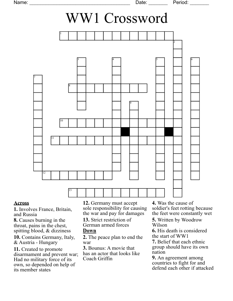 WW1 Crossword