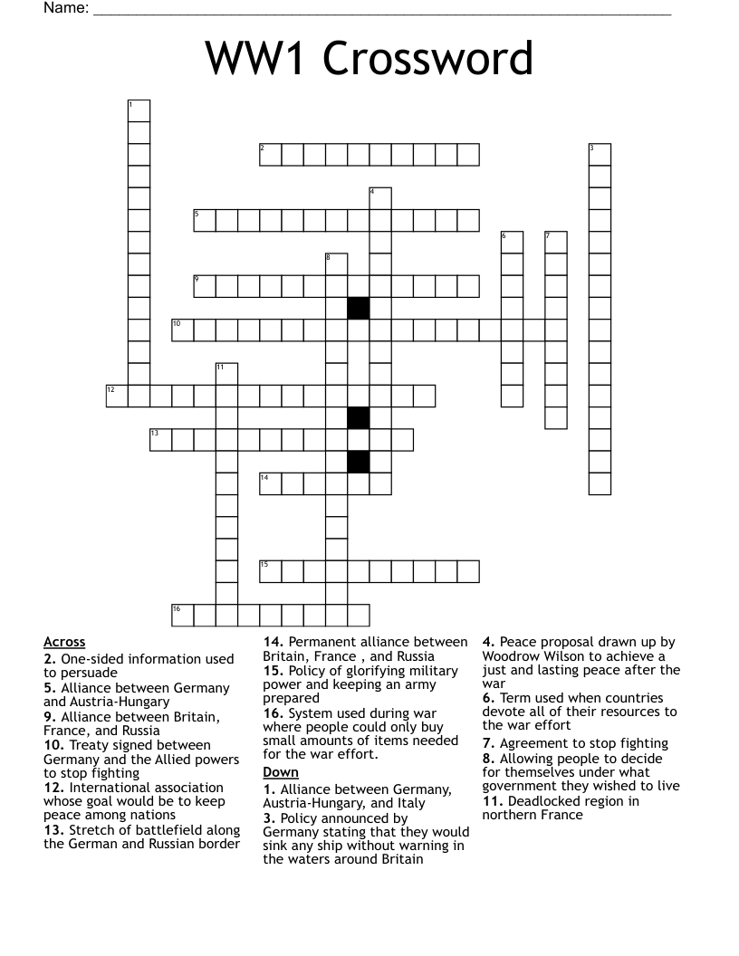 WW1 Crossword