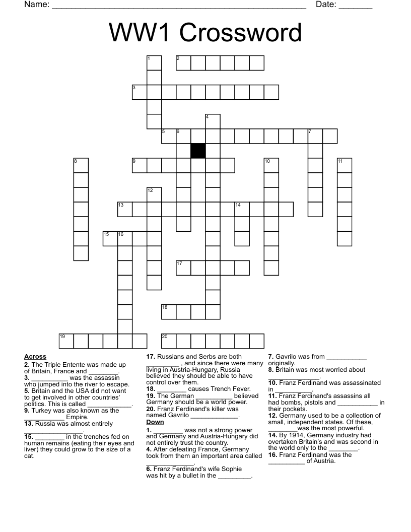 WW1 Crossword