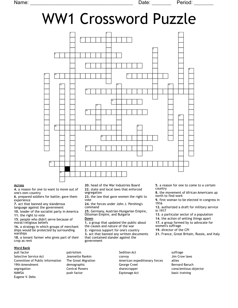 WW1 Crossword Puzzle