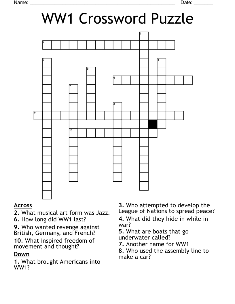 WW1 Crossword Puzzle