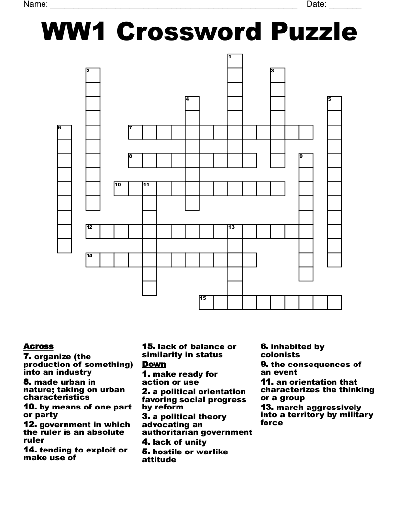 WW1 Crossword Puzzle