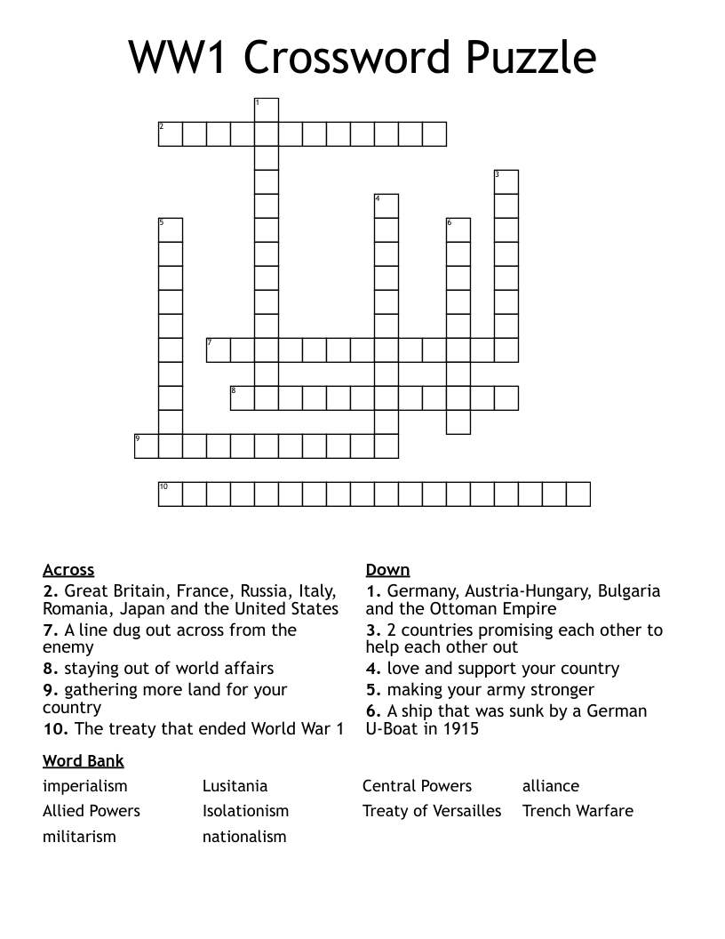 WW1 Crossword Puzzle