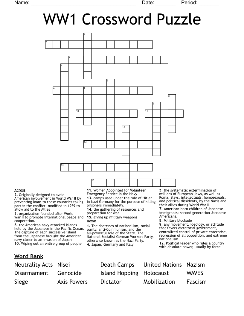 WW1 Crossword Puzzle