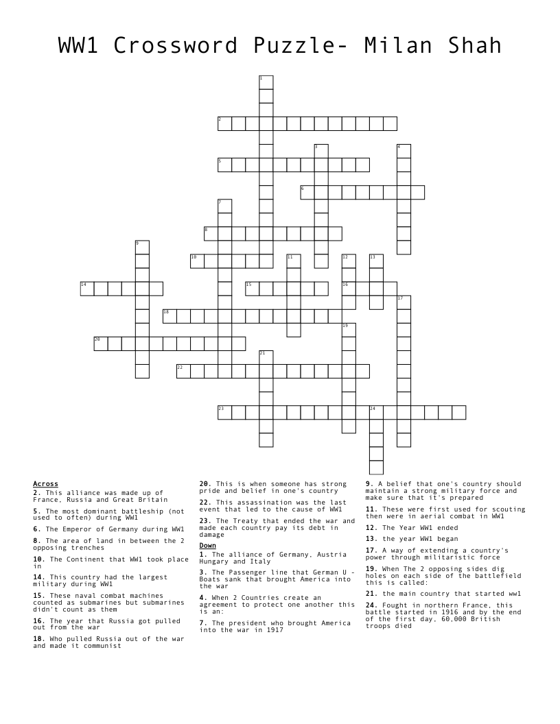 WW1 Crossword Puzzle- Milan Shah