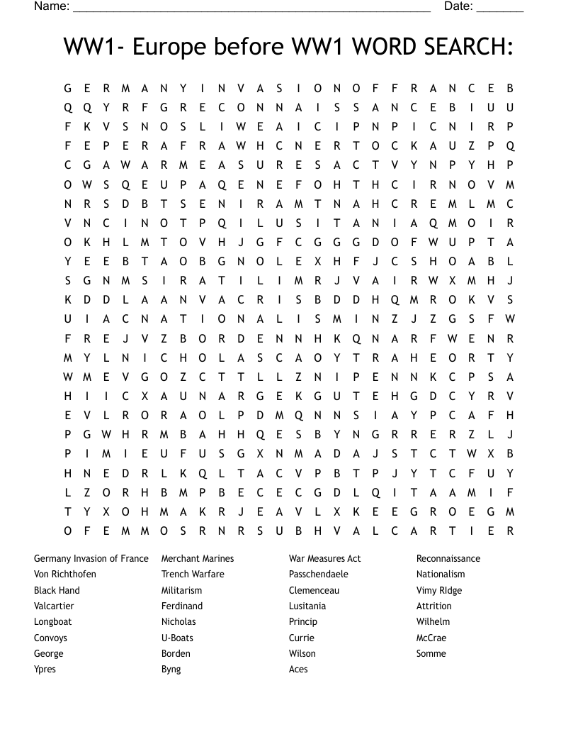 WW1- Europe before WW1 WORD SEARCH:	