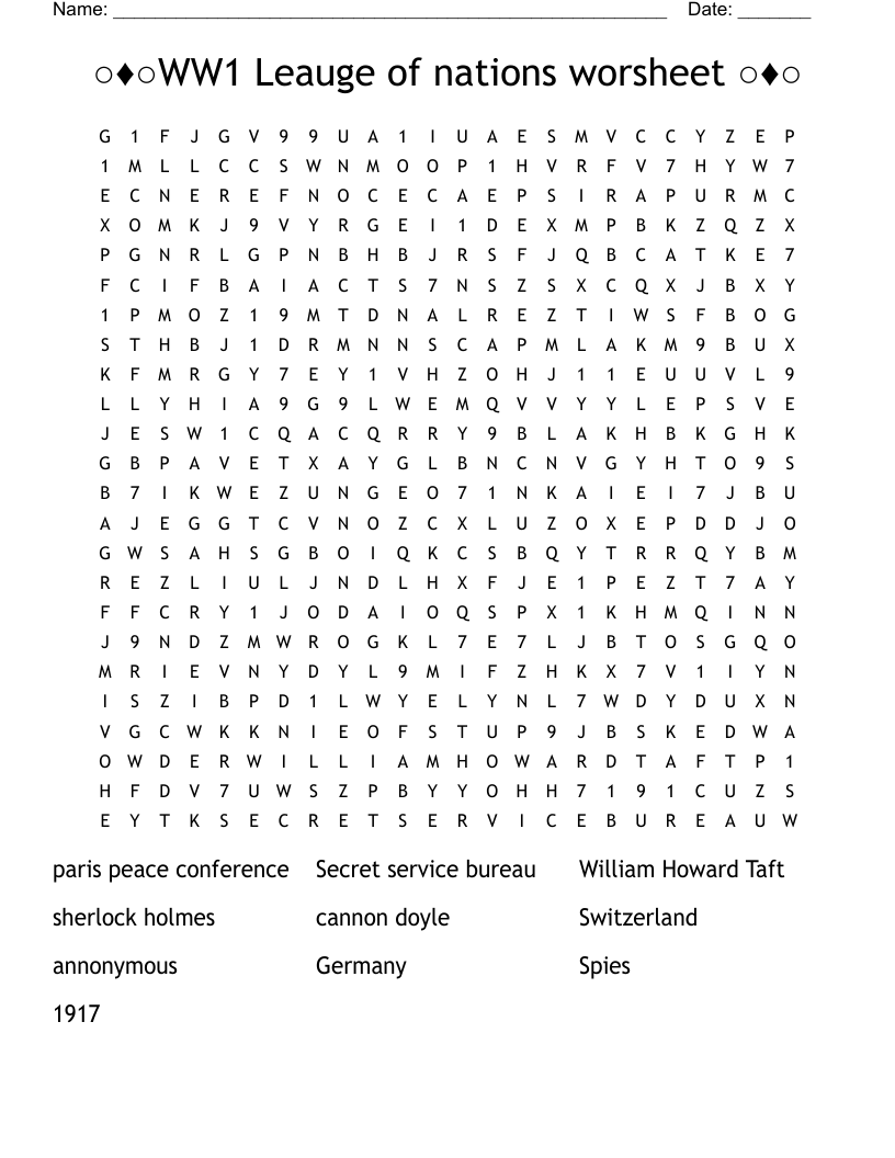 ○♦○WW1 Leauge of nations worsheet ○♦○ Word Search