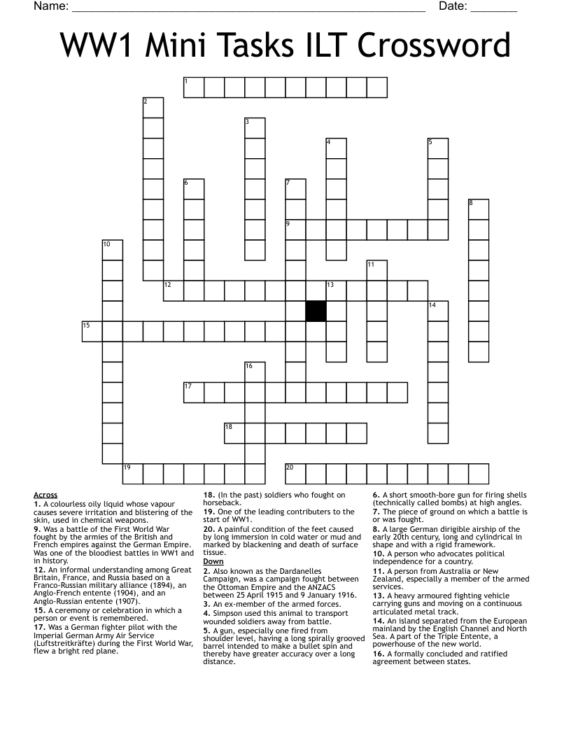 WW1 Mini Tasks ILT Crossword