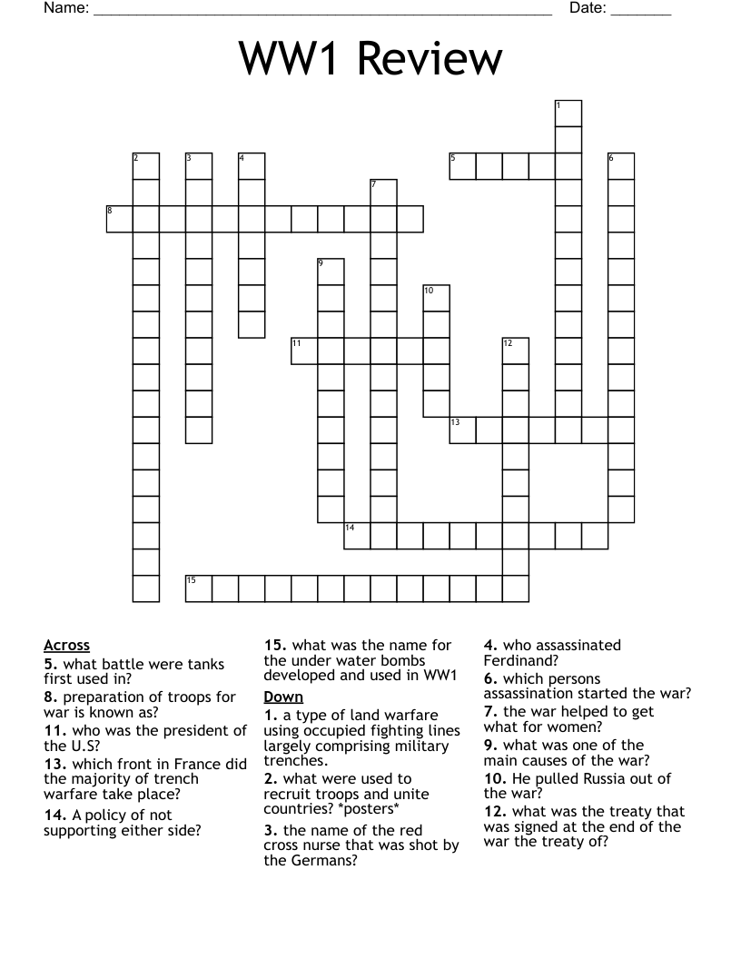 WW1 Review  Crossword