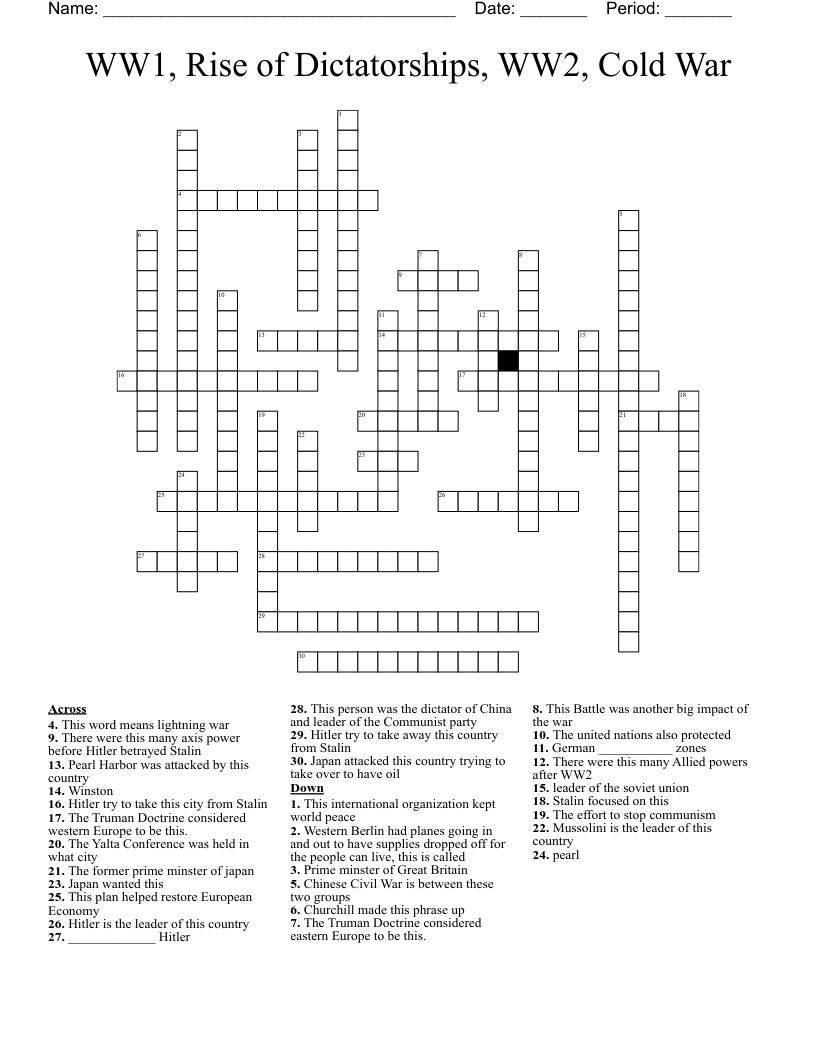 WW1, Rise of Dictatorships, WW2, Cold War Crossword