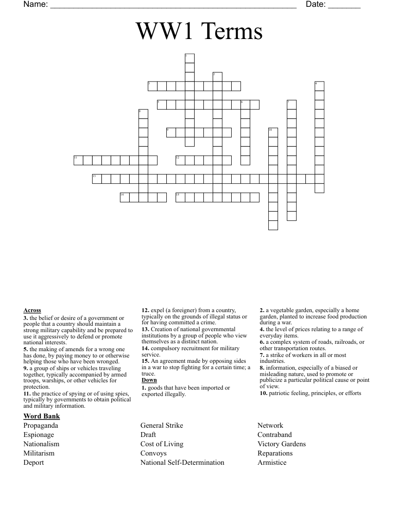 WW1 Terms Crossword
