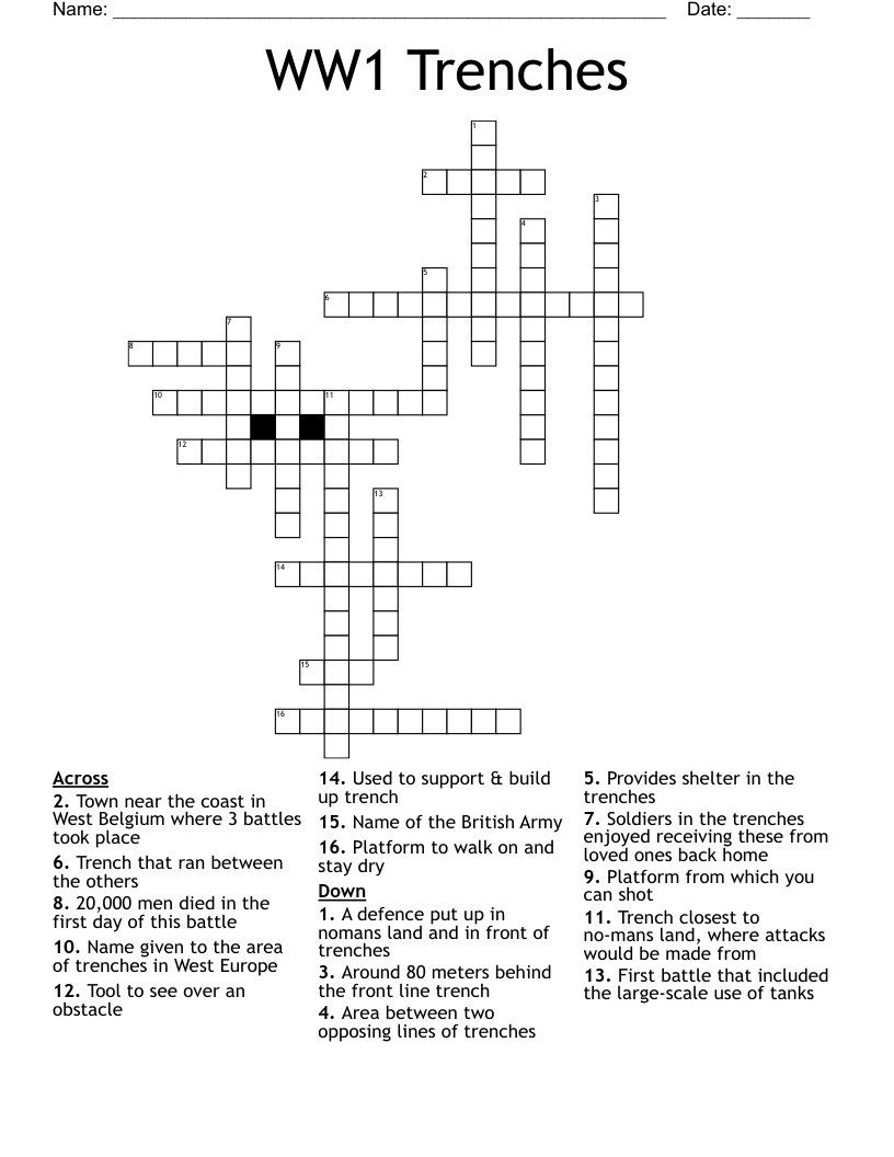 WW1 Trenches Crossword